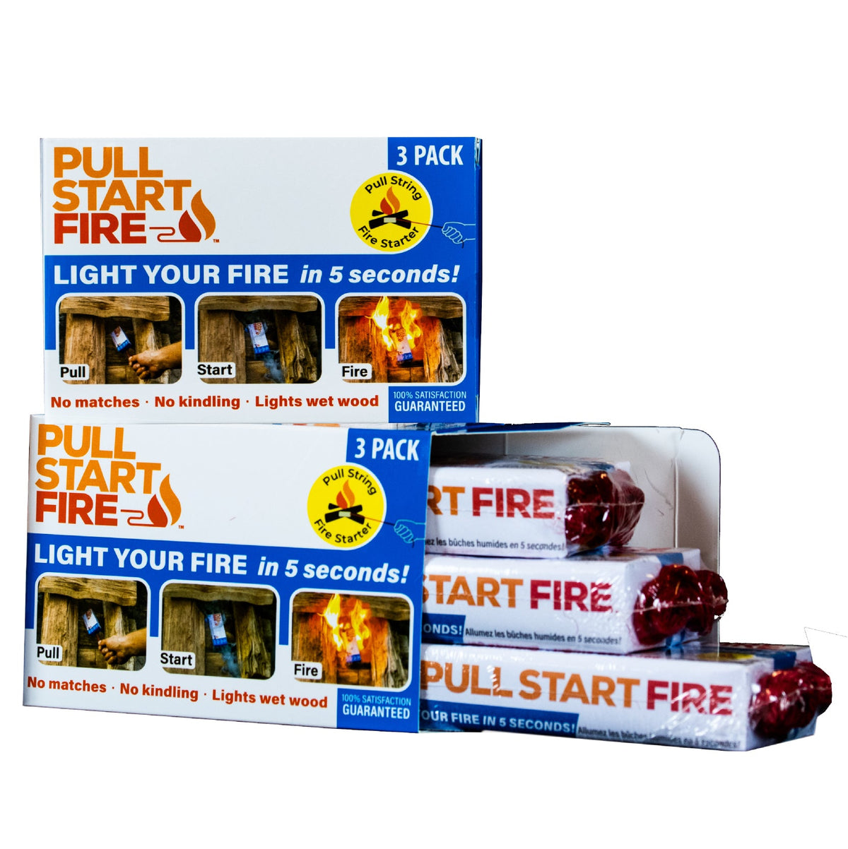 Two 3-pack boxes of Pull Start Fire firestarters