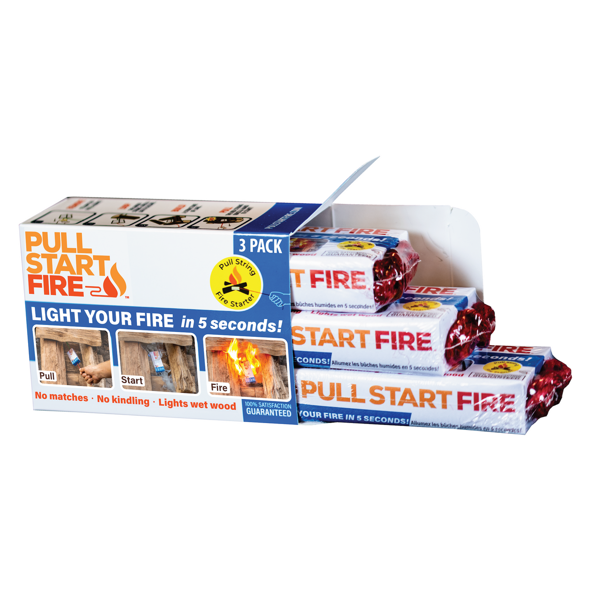 Open Pull Start Fire box with three fire starters